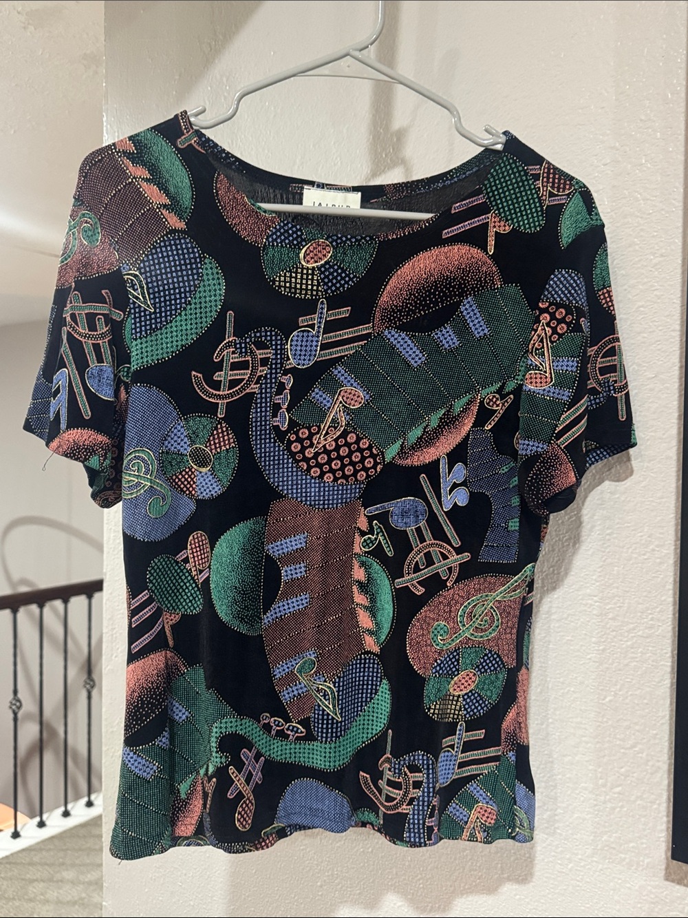 Jaipur Black Short Sleeve Top with Green, Blue & Pink Musical Print